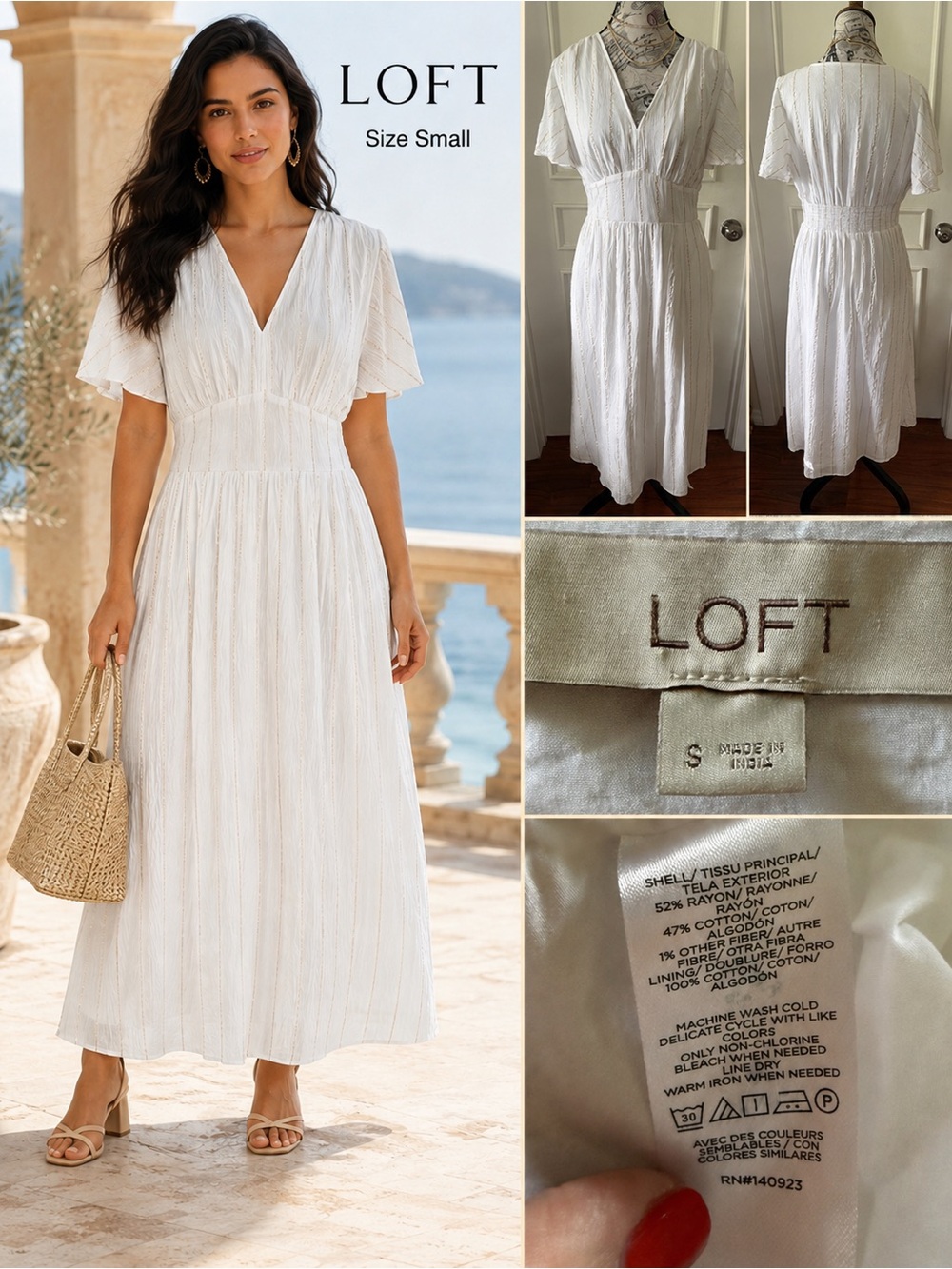 LOFT White Gold Metallic Stripe Flutter Sleeve Maxi Dress S - Picture 2 of 12